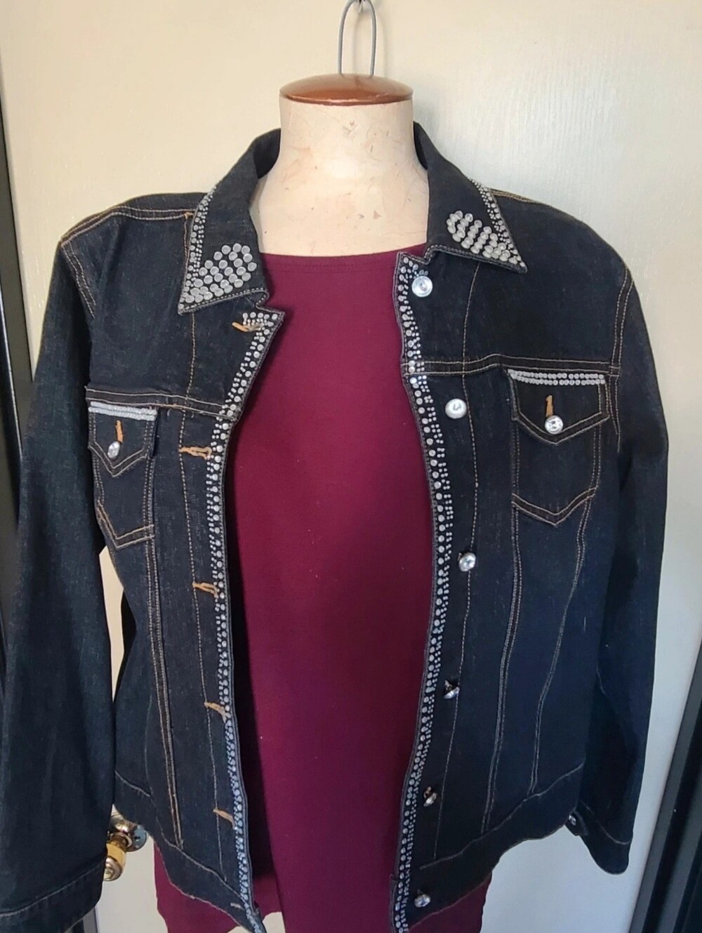 Black Stud-Trim Denim Jacket - Women's